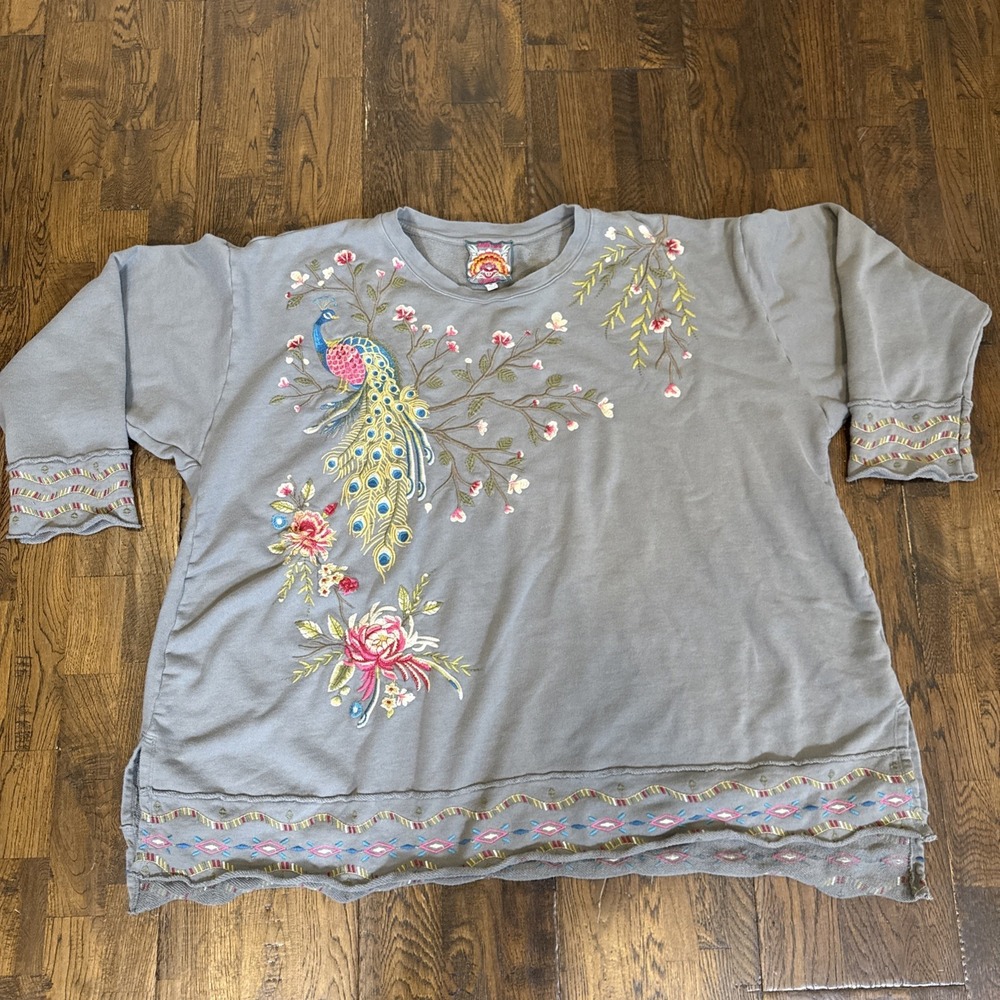 Johnny Was Embroidered Peacock Sweatshirt Gray Women 3X Boho Floral Pullover